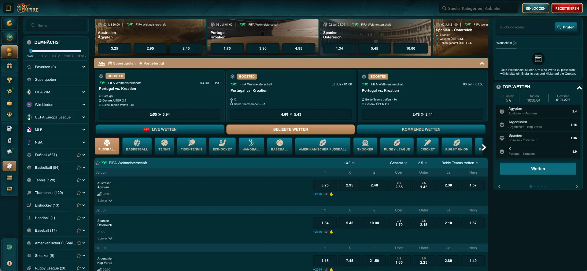 MyEmpire Sportwetten Bereich