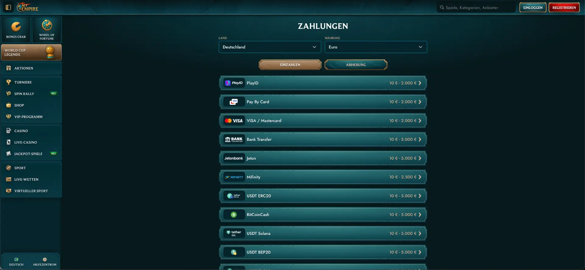 MyEmpire Zahlungsmethoden in Euro