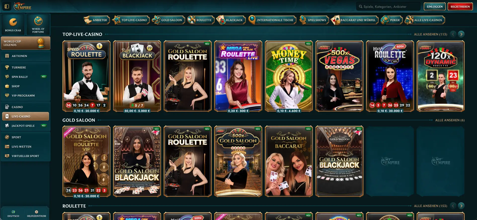 MyEmpire Live Casino Bereich